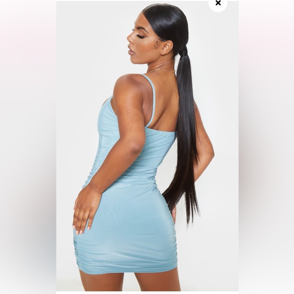 Pretty little things  Turquoise Slinky Strappy Ruched Side Detail Bodycon Dress - Picture 3 of 5